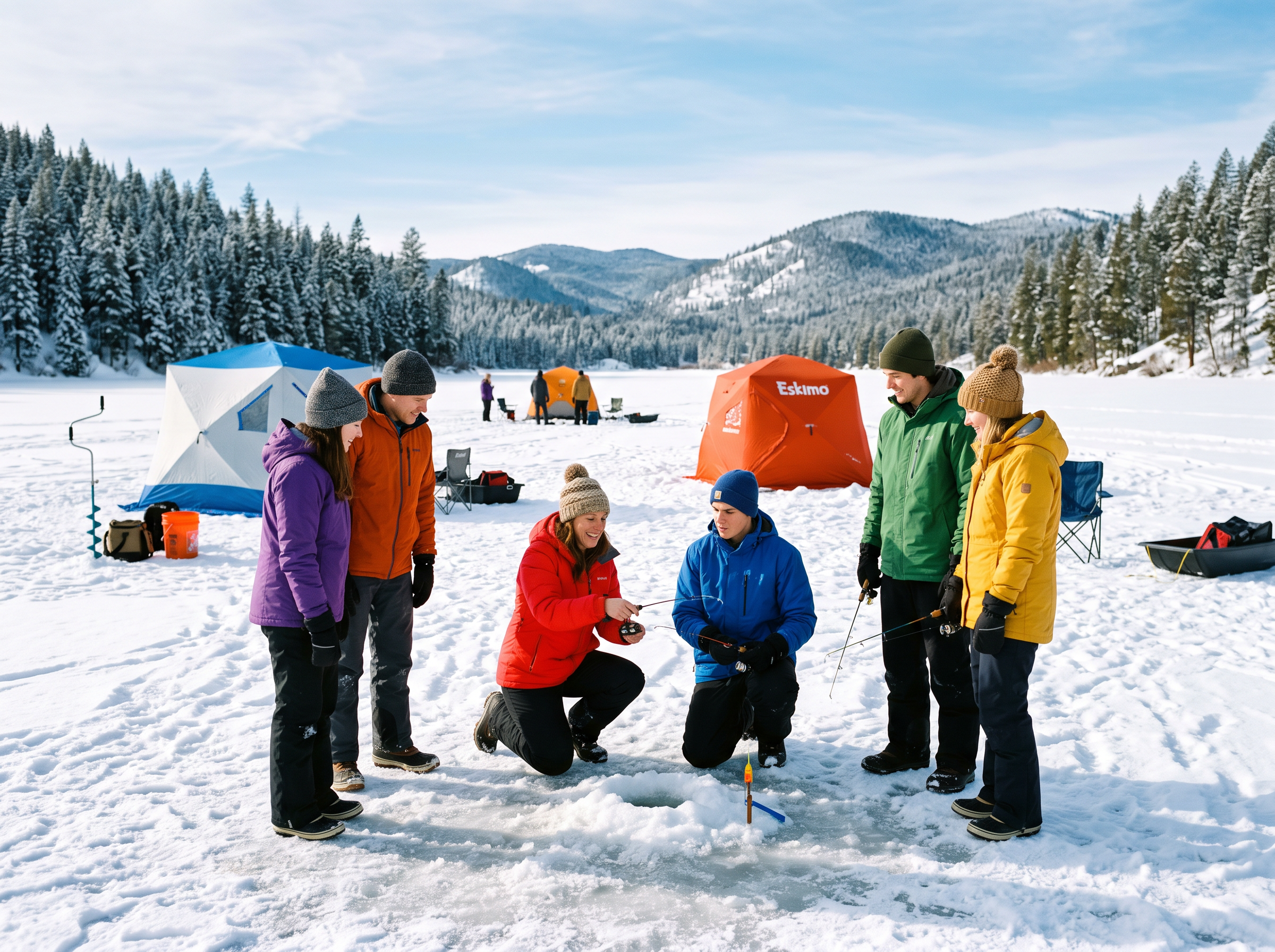 Group beginner ice fishing tour on frozen lake