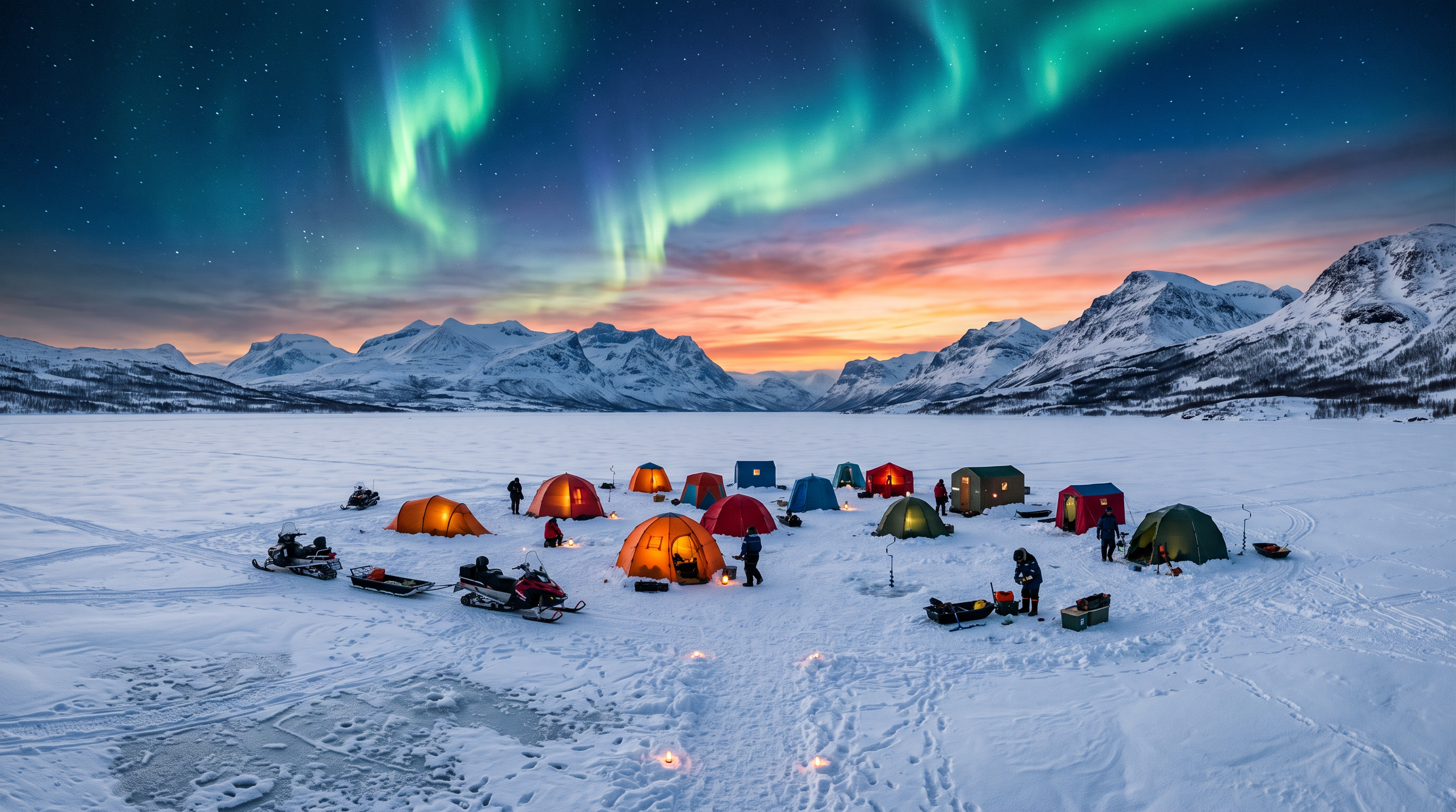 Panoramic ice fishing camp on frozen lake