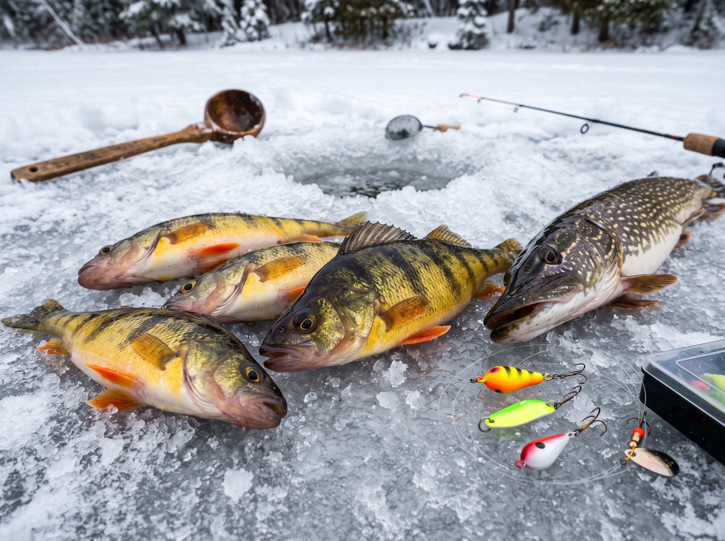 Freshly caught fish from ice fishing hole