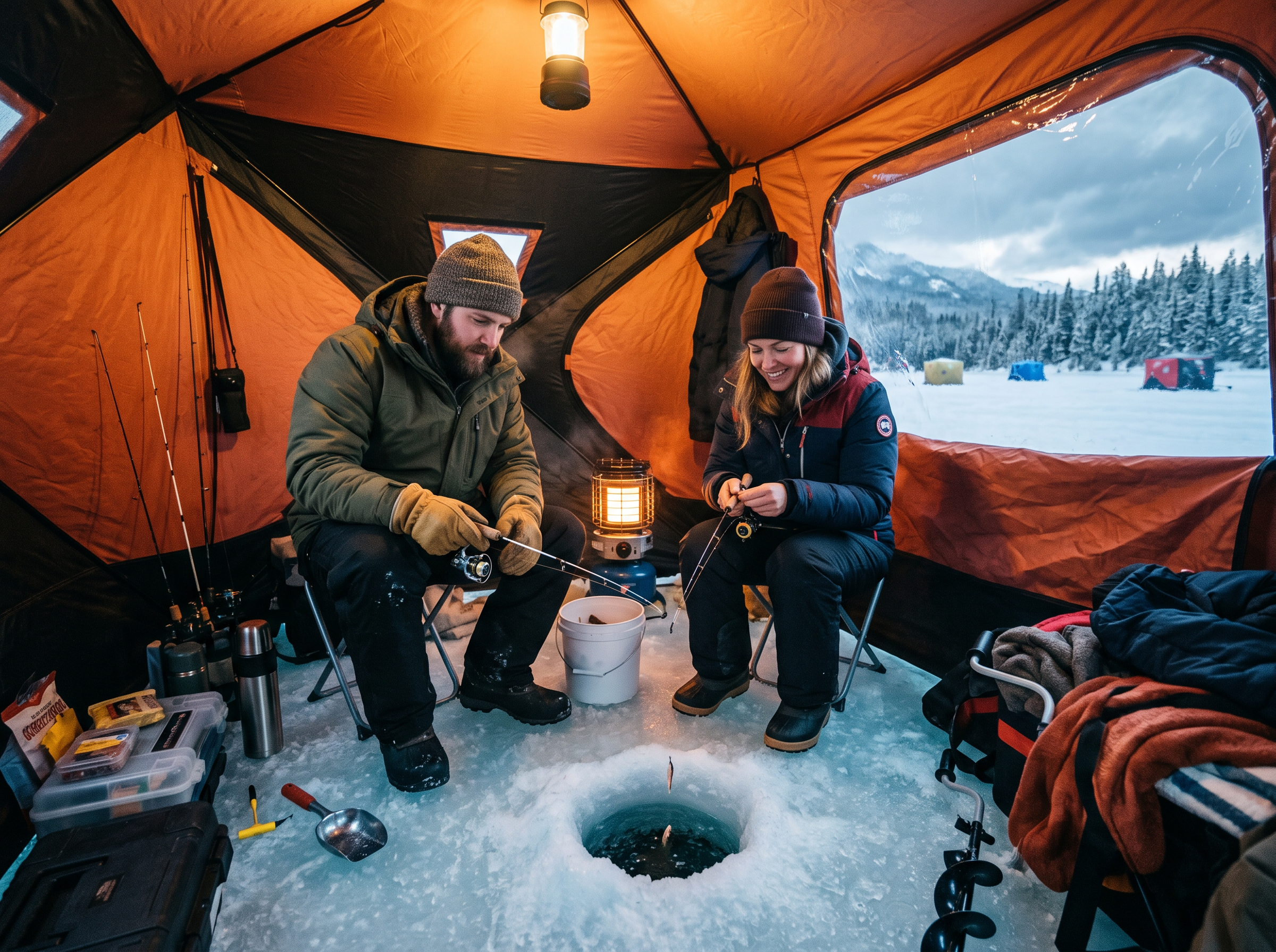 Premium heated ice fishing shelter tour
