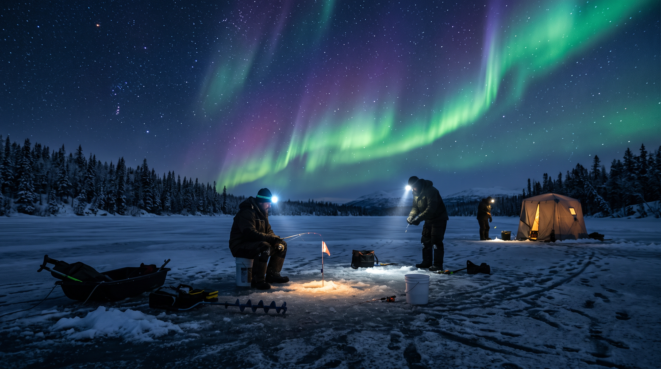 Night ice fishing under aurora borealis