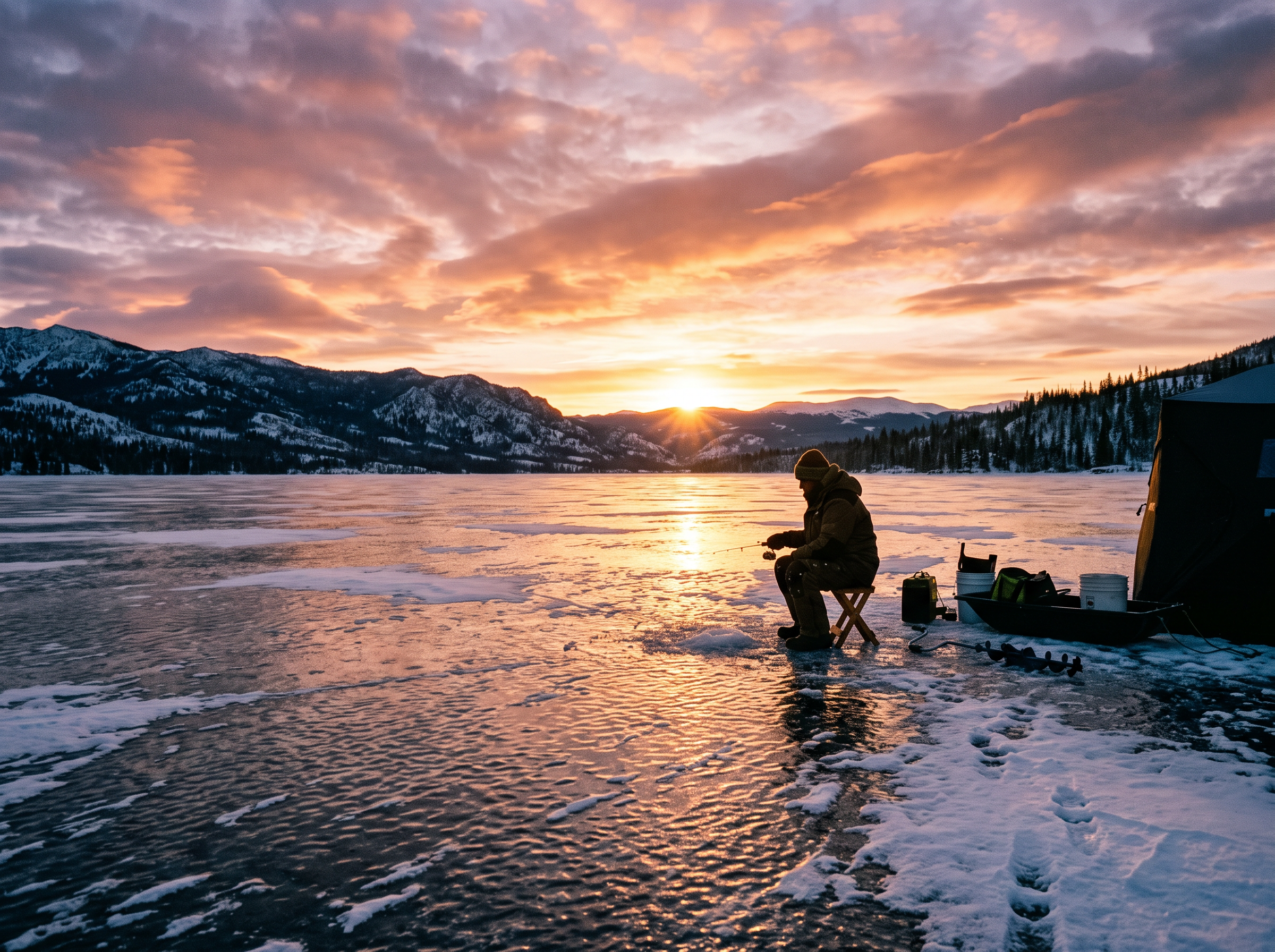 Sunrise over frozen lake ice fishing