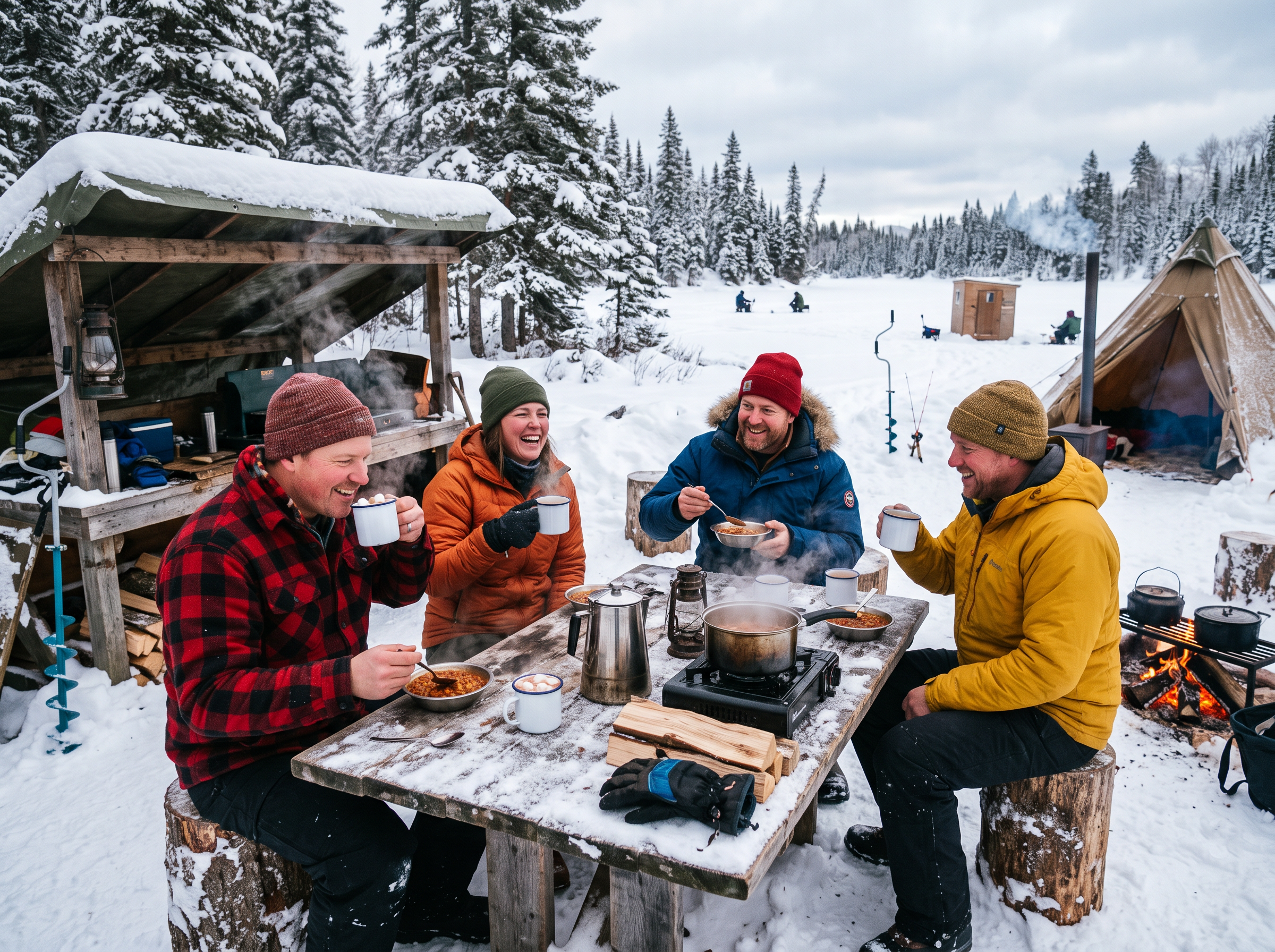 Warm break during ice fishing tour